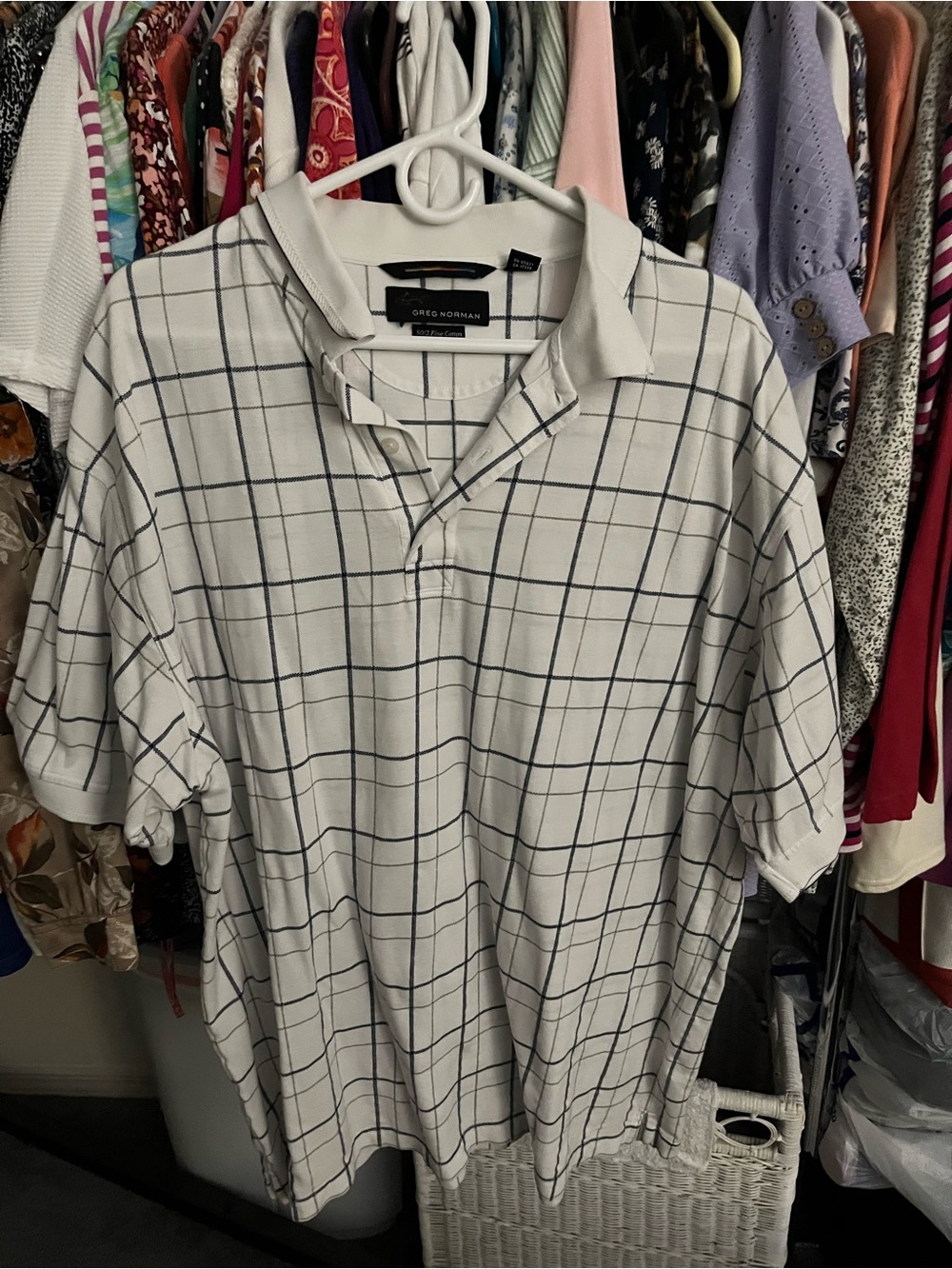 Greg Norman Collection White Polo with Navy Windowpane Plaid